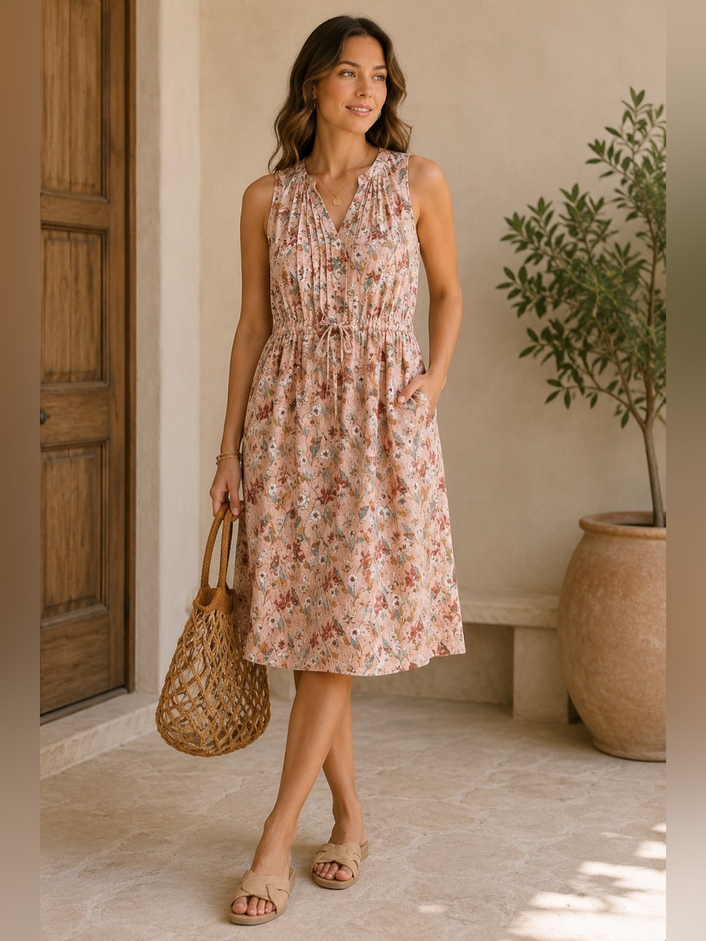 Universal Thread Blush Floral Linen Blend Midi Dress Tie Waist Sleeveless Small